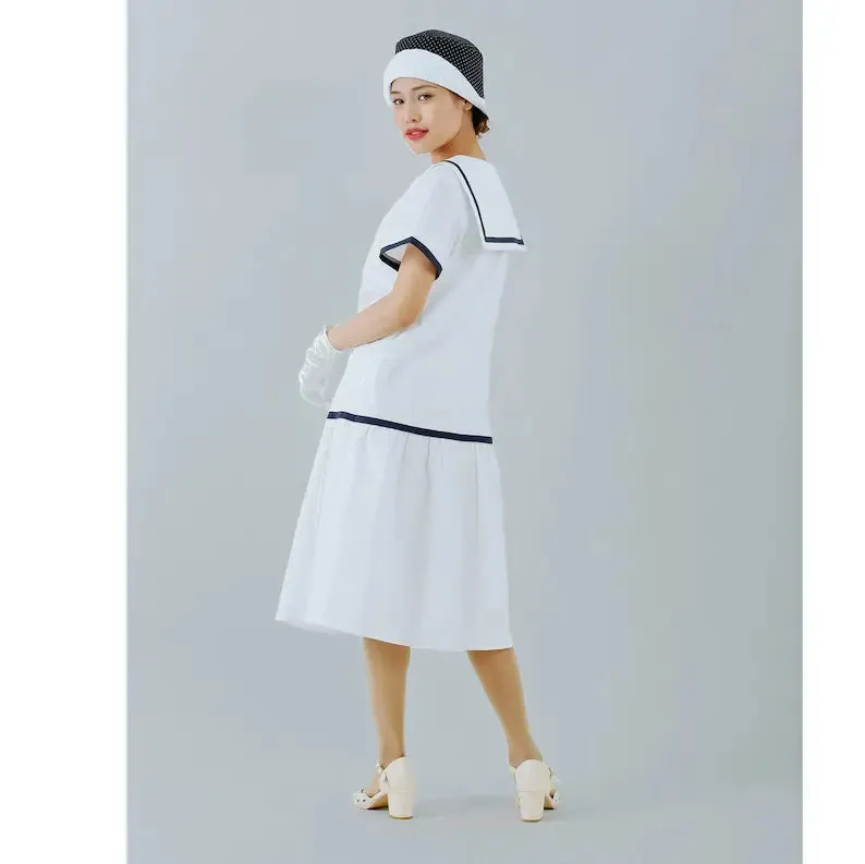 White cotton 1920s sailor dress with red or navy blue trim