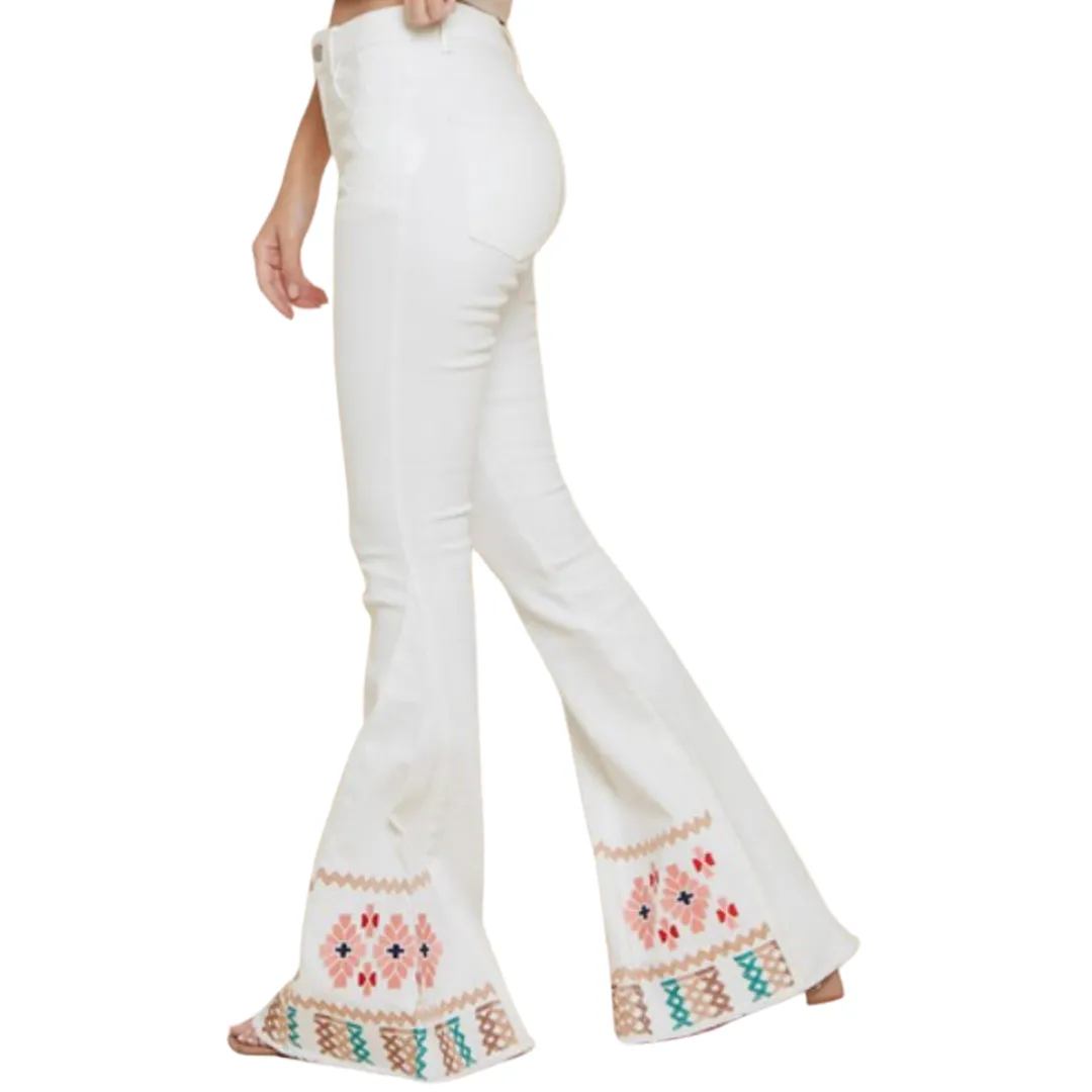 White Embroidered Flare Jeans