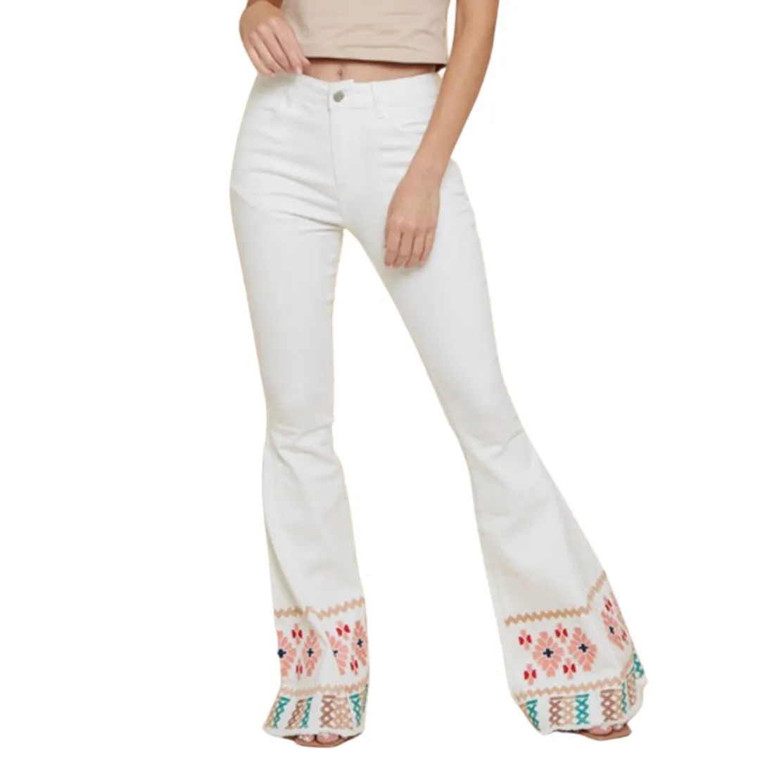 White Embroidered Flare Jeans