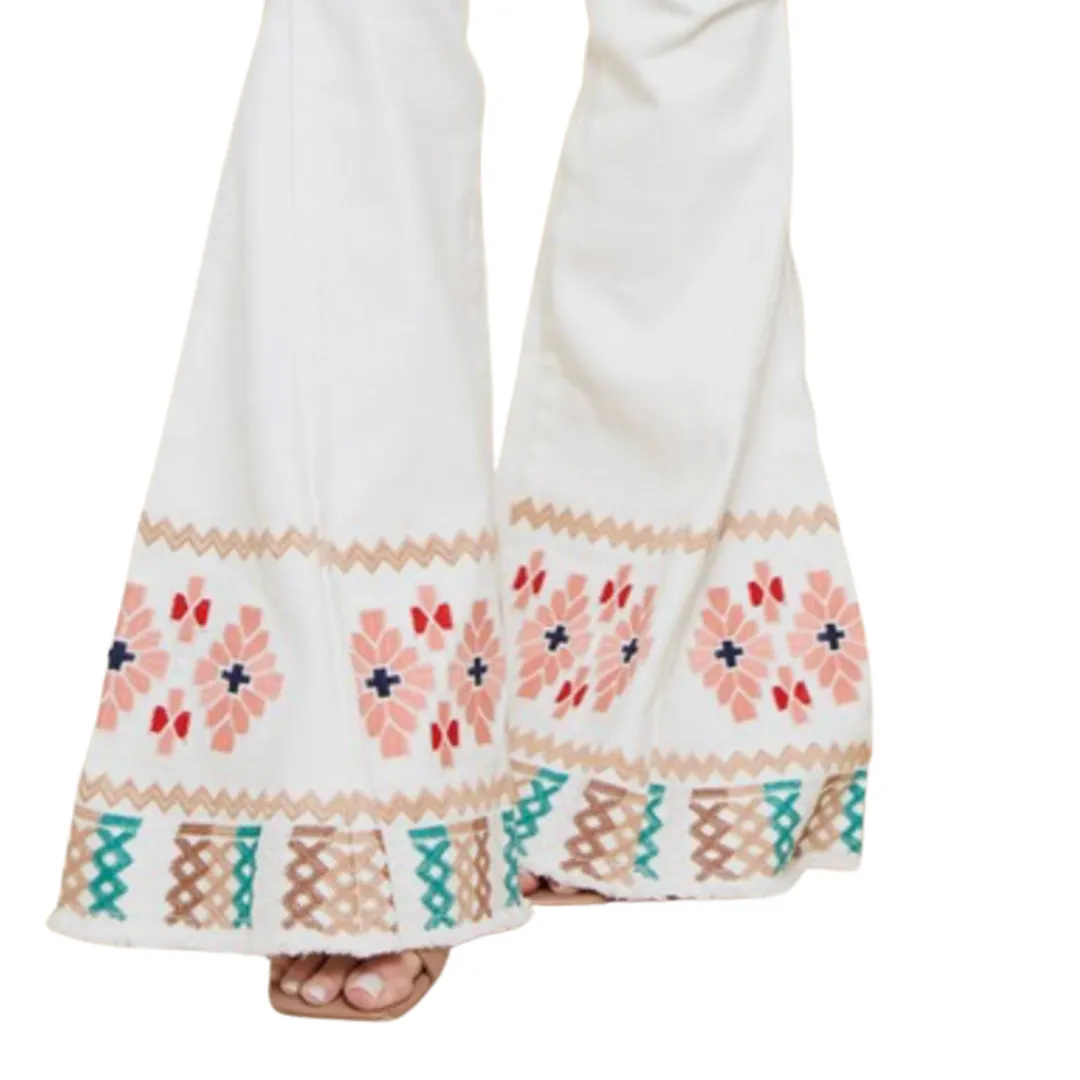 White Embroidered Flare Jeans