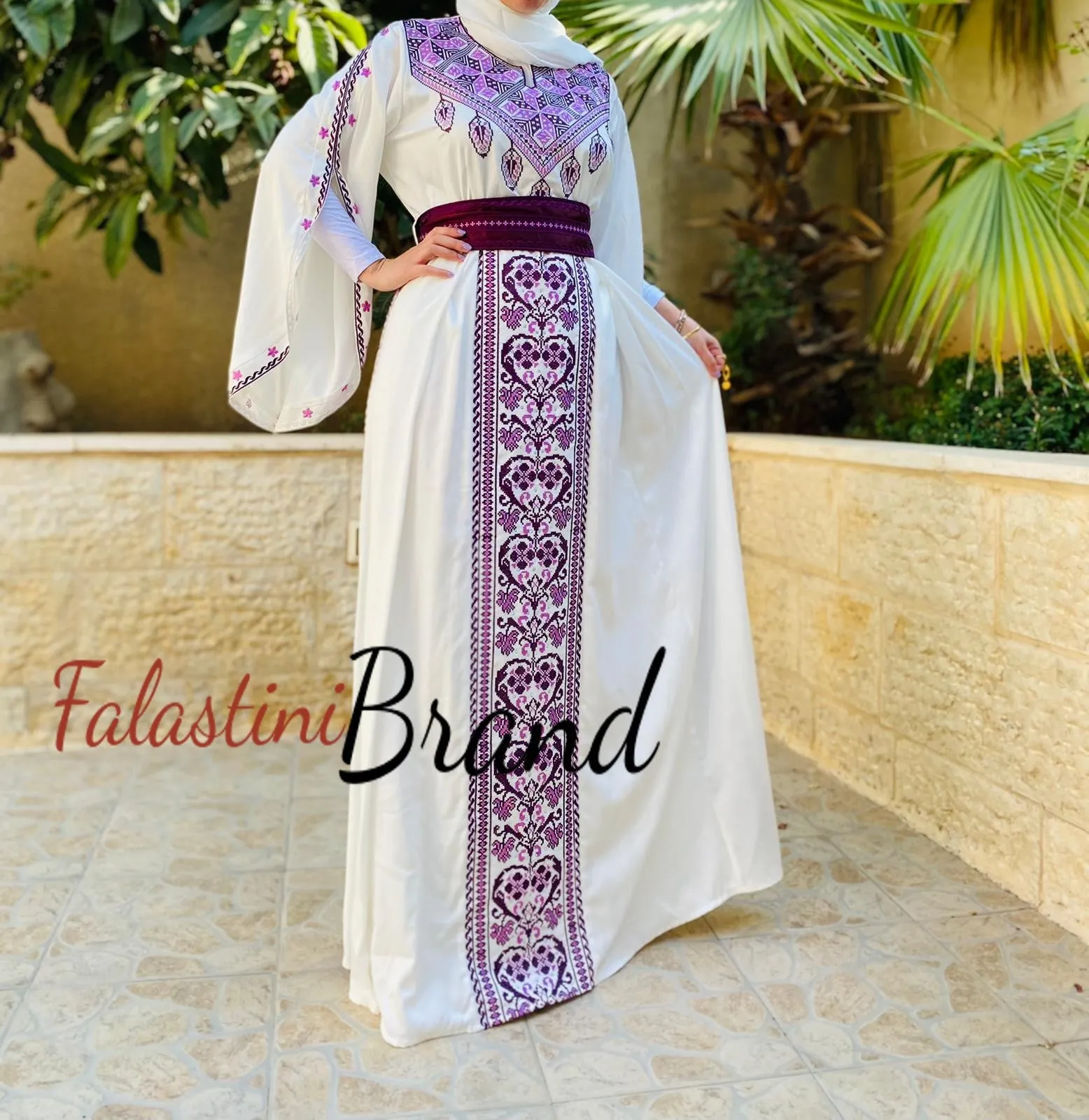 White Satin Flowy Thob Dress With Purple Gorgeous Embroidery