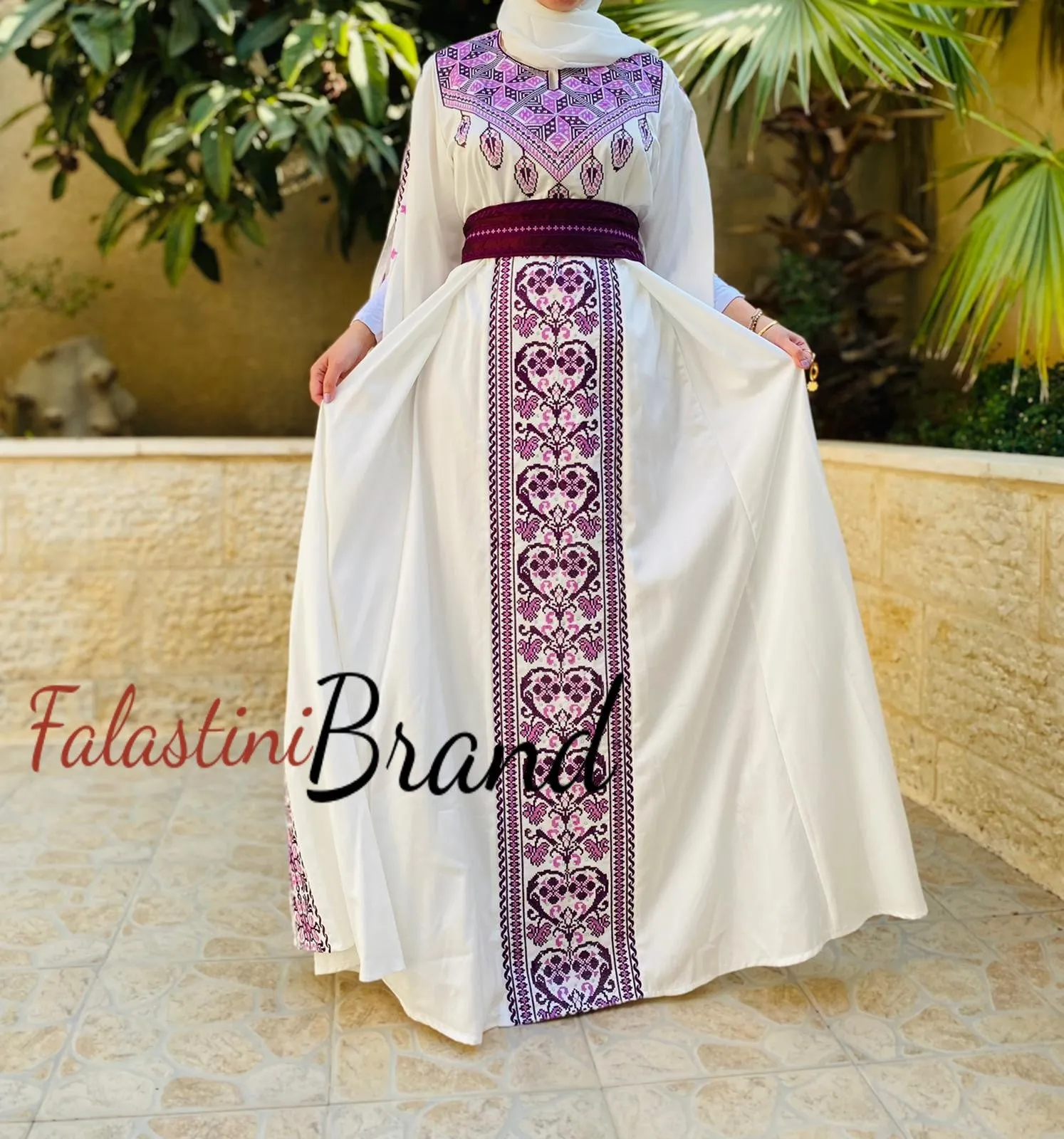 White Satin Flowy Thob Dress With Purple Gorgeous Embroidery