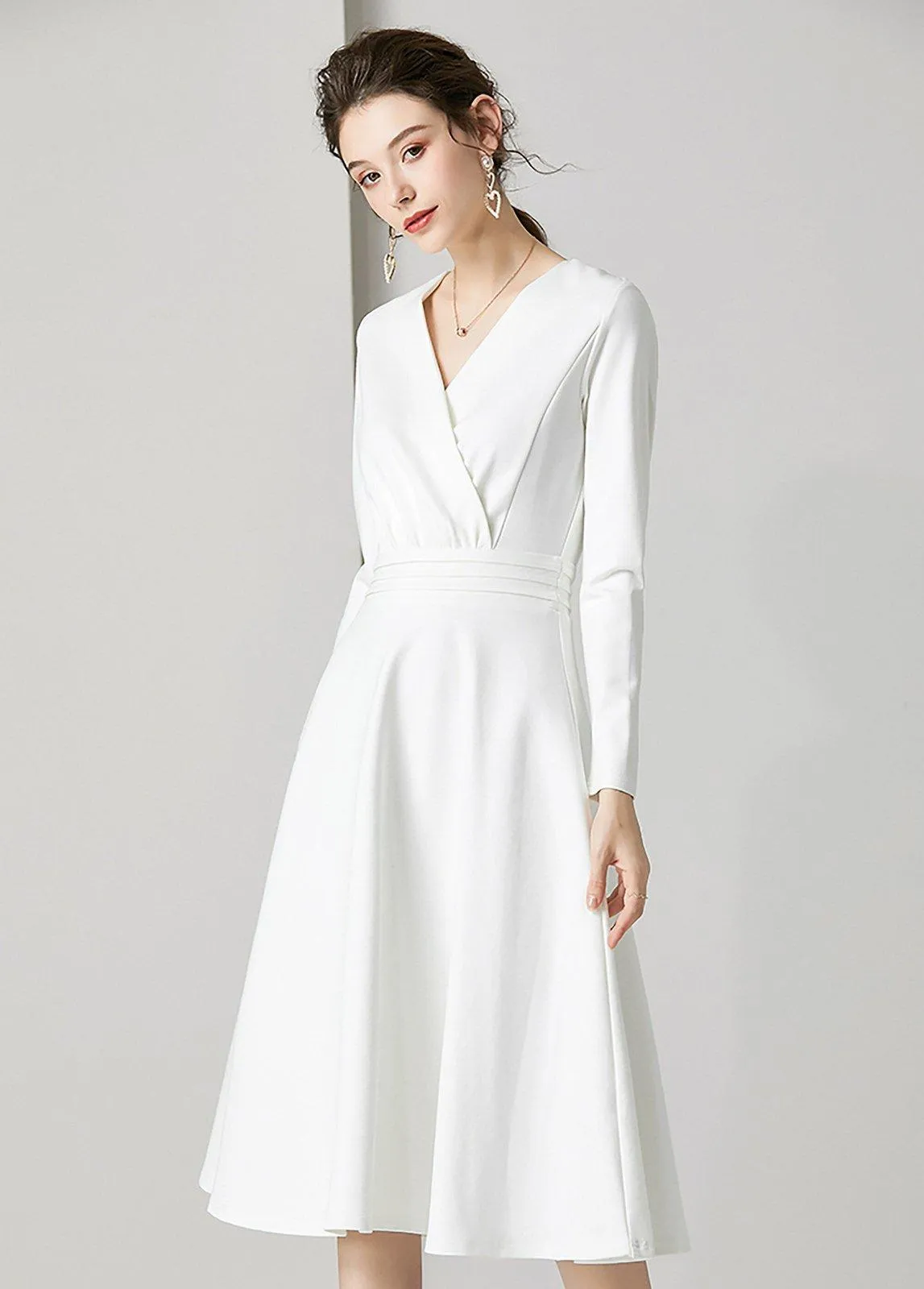 White V-Neck Long Sleeve Fit & Flare Midi Dress