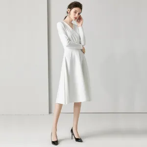 White V-Neck Long Sleeve Fit & Flare Midi Dress