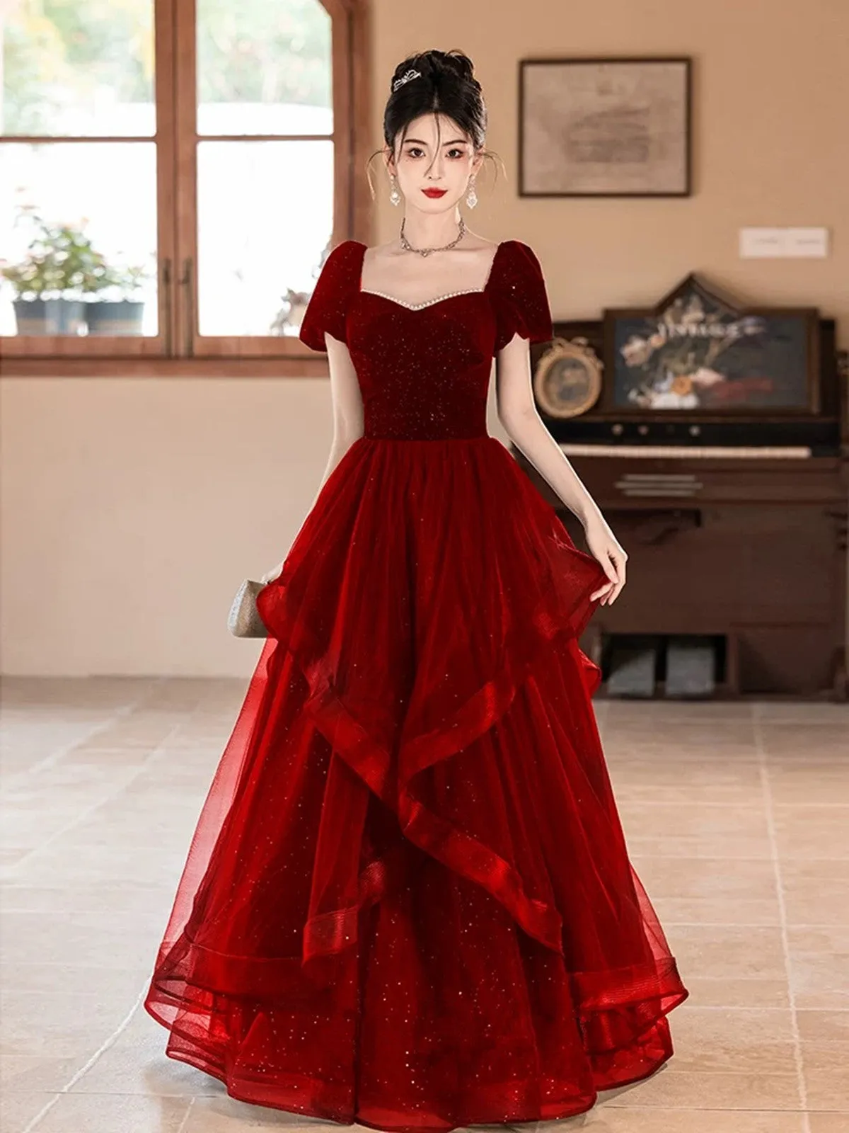 Wine Red Short Sleeves Velvet and Tulle Prom Dress, Wine Red A-line Party Dress