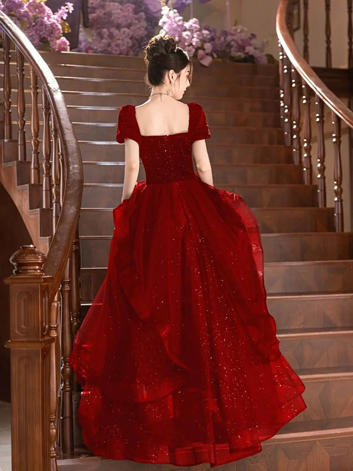 Wine Red Short Sleeves Velvet and Tulle Prom Dress, Wine Red A-line Party Dress