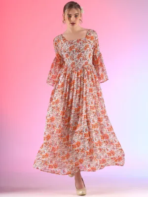 Women Floral Printed Flare Sleeve Smoking A-line Maxi Dress