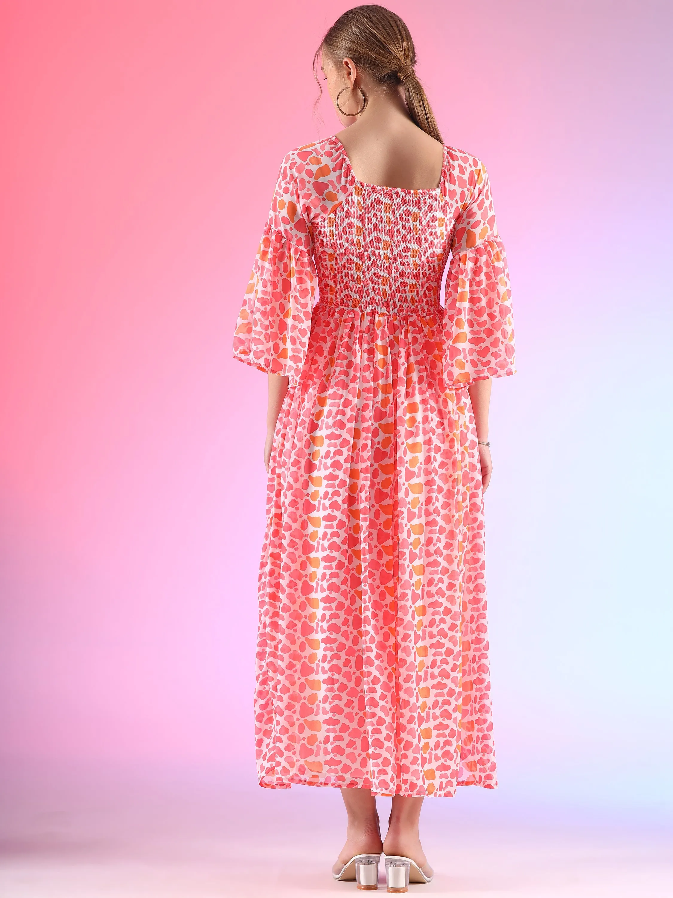 Women Floral Printed Flare Sleeve Smoking A-line Maxi Dress