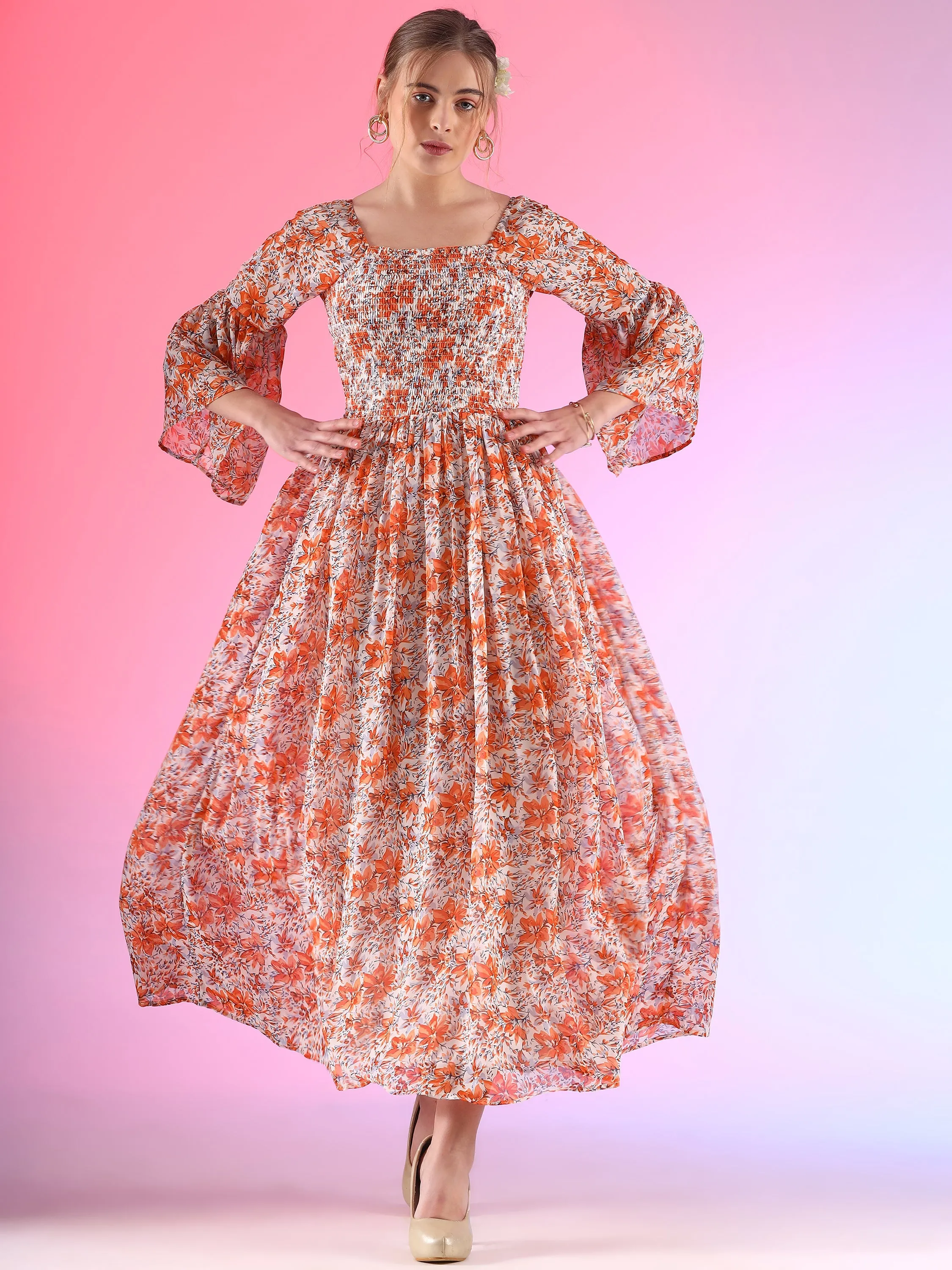 Women Floral Printed Flare Sleeve Smoking A-line Maxi Dress