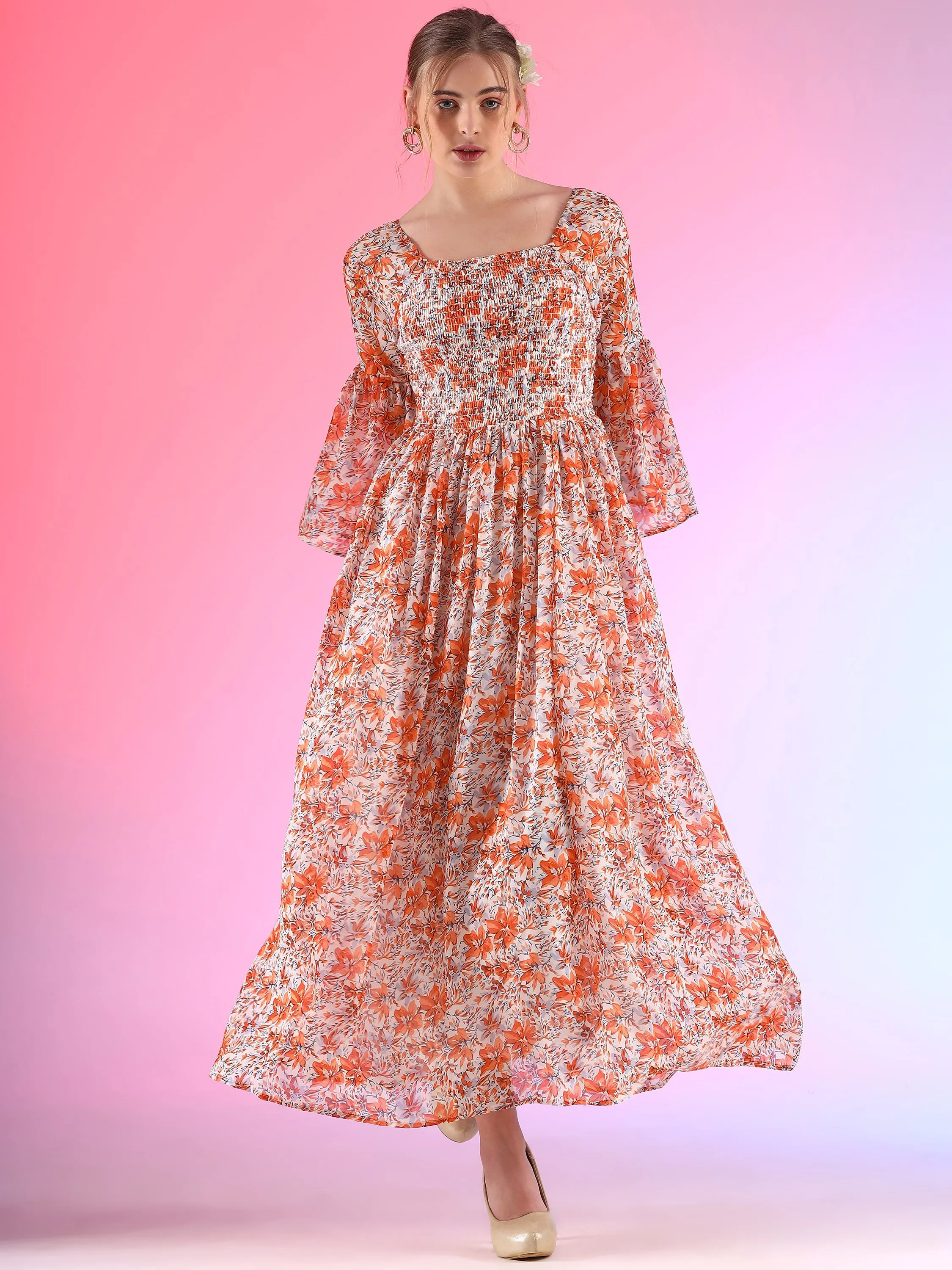 Women Floral Printed Flare Sleeve Smoking A-line Maxi Dress