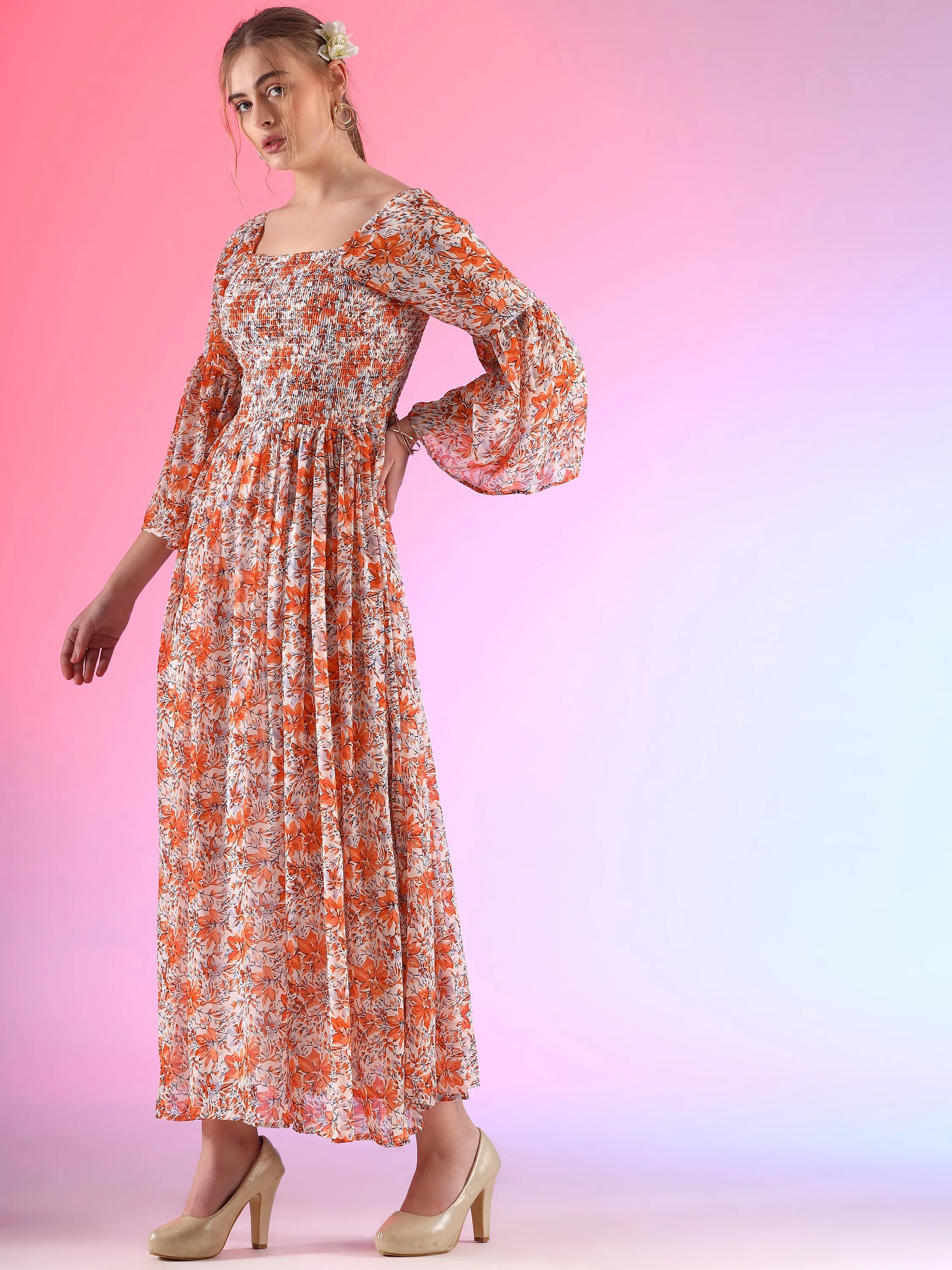 Women Floral Printed Flare Sleeve Smoking A-line Maxi Dress