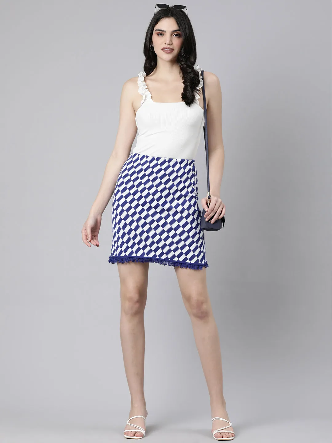 Women Geometric Pencil Blue Mini Skirt