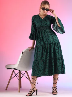 Women Printed V-Neck Flare Sleeve A-line Midi Dress