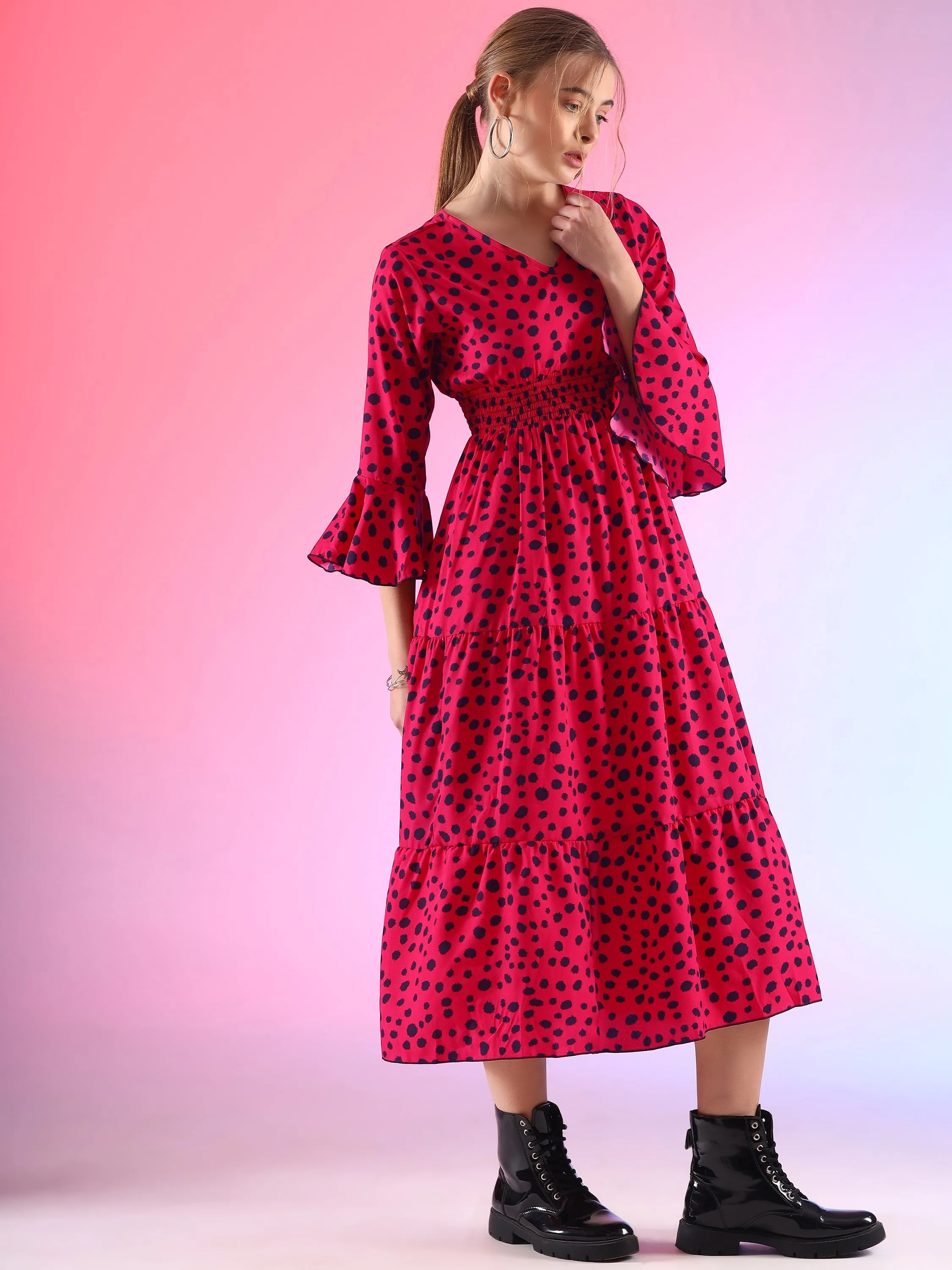 Women Printed V-Neck Flare Sleeve A-line Midi Dress