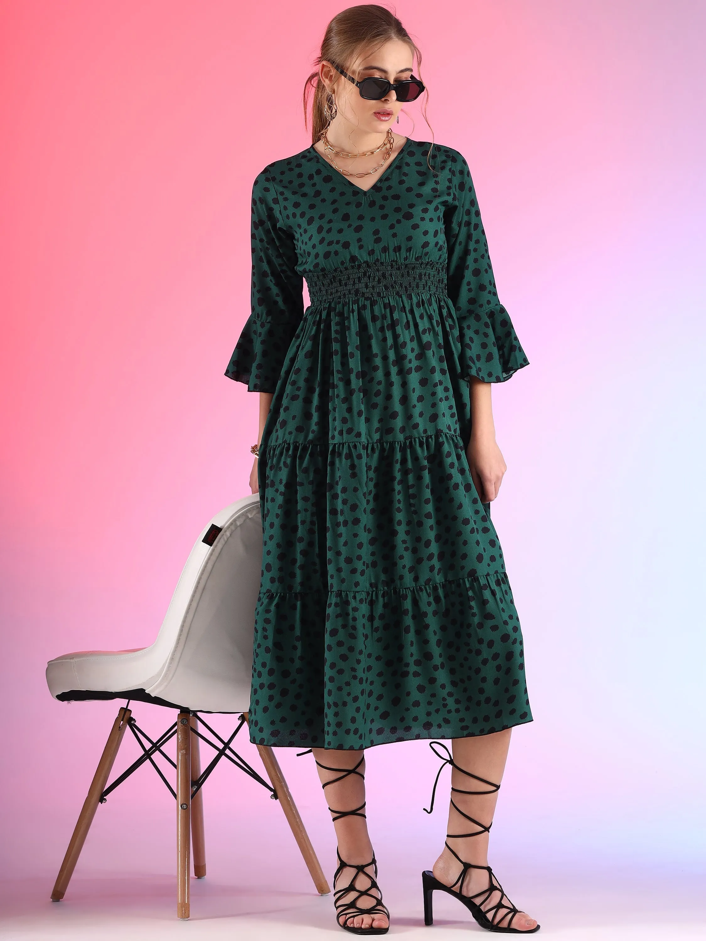 Women Printed V-Neck Flare Sleeve A-line Midi Dress