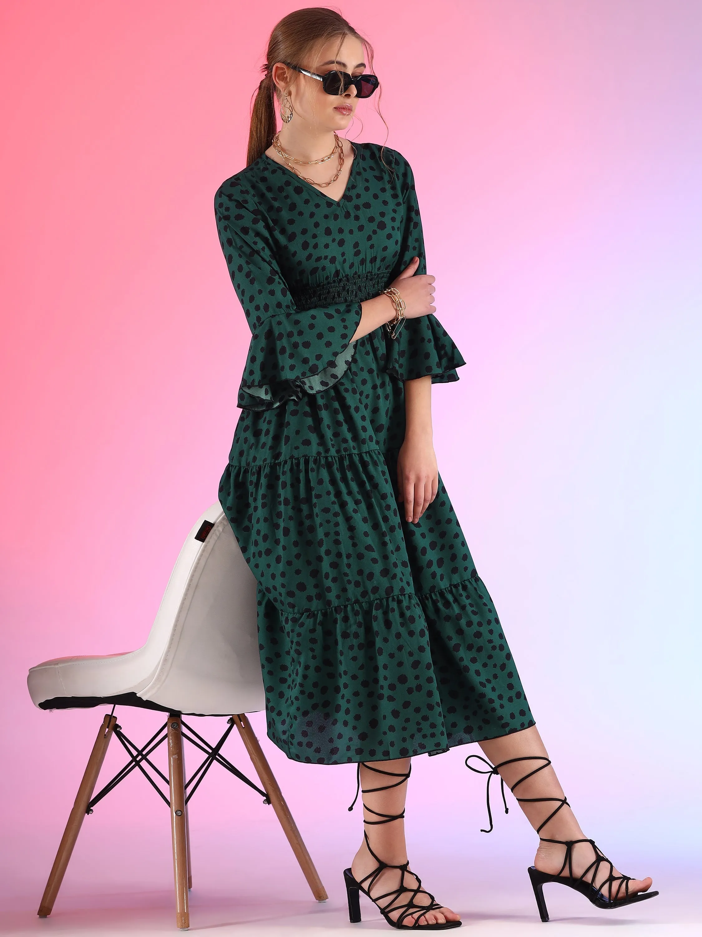 Women Printed V-Neck Flare Sleeve A-line Midi Dress