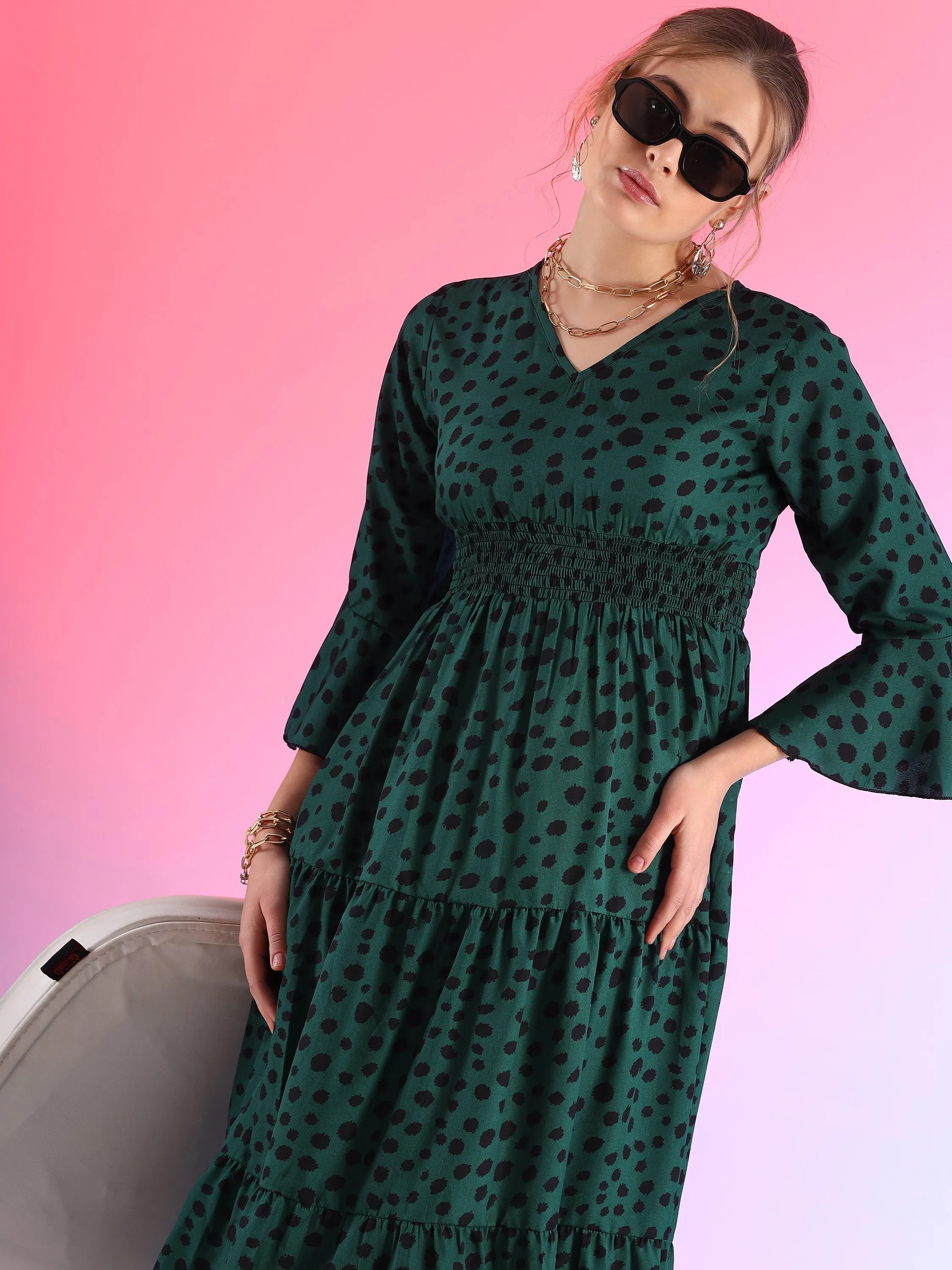 Women Printed V-Neck Flare Sleeve A-line Midi Dress