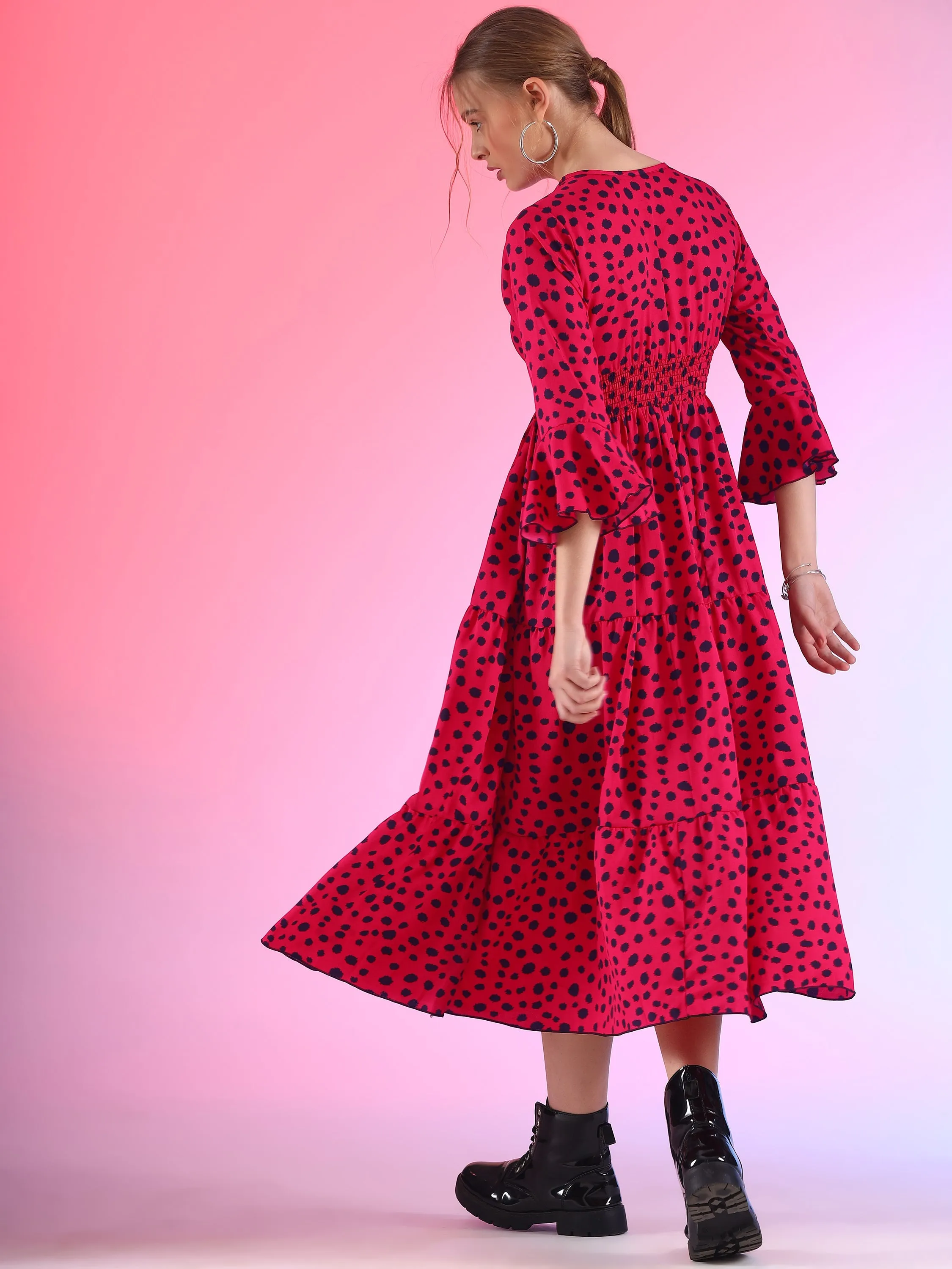 Women Printed V-Neck Flare Sleeve A-line Midi Dress