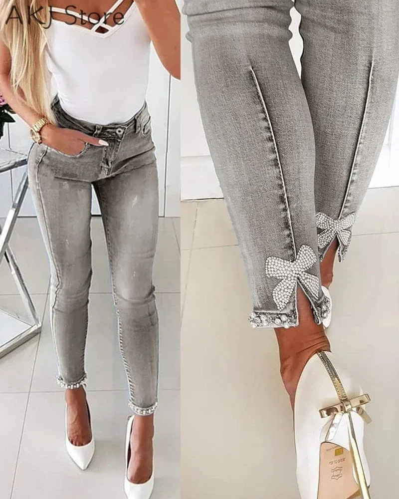 Women Sexy Zipper Design Bowknot Detail  High Waist Sexy Push Up Jeans