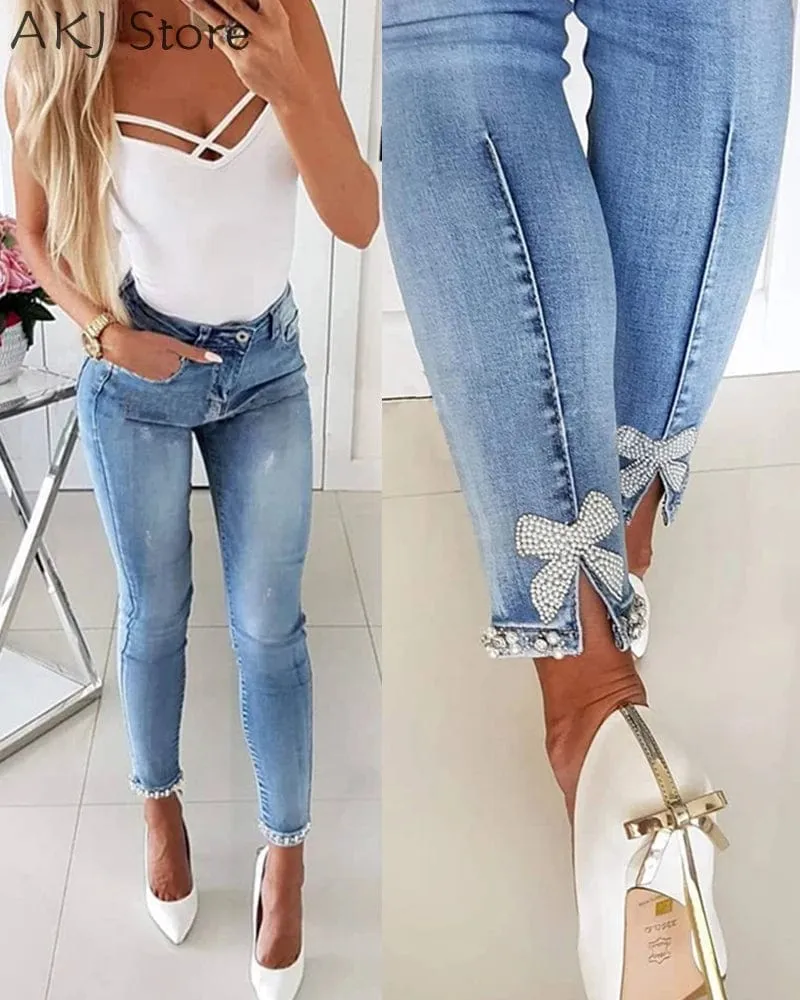 Women Sexy Zipper Design Bowknot Detail  High Waist Sexy Push Up Jeans