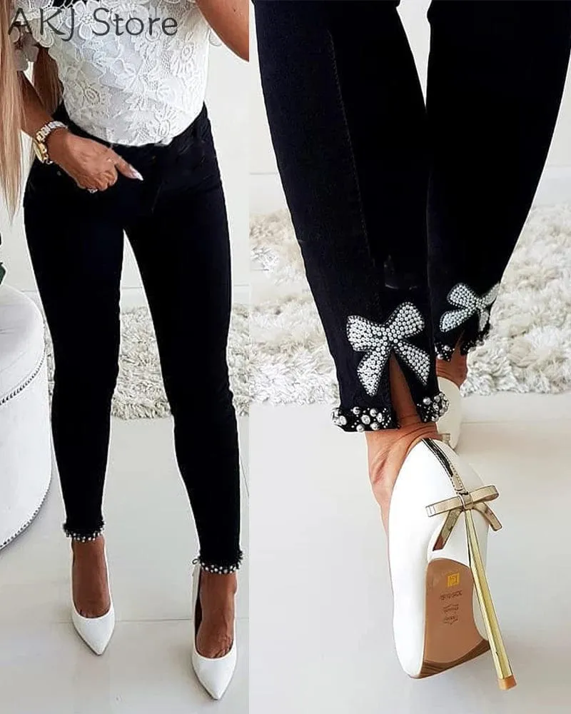 Women Sexy Zipper Design Bowknot Detail  High Waist Sexy Push Up Jeans