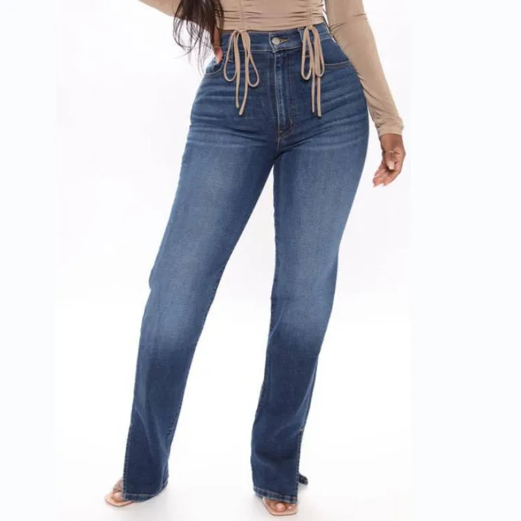 Women Slit Denim Straight Trousers Wholesale Jeans