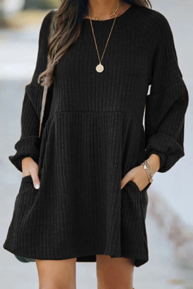 Women's Autumn Winter Knitting Mini Dress Lady Warm Fashion Solid Loose Crewneck Long Sleeve Mini Sweater Dress With Pockets