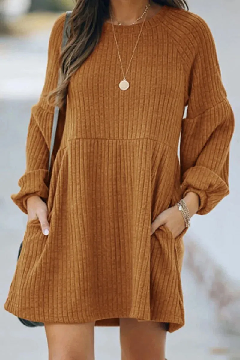 Women's Autumn Winter Knitting Mini Dress Lady Warm Fashion Solid Loose Crewneck Long Sleeve Mini Sweater Dress With Pockets