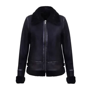 WOMEN'S BLACK AVIATOR BIKER GENUINE SHEEPSKIN SHEARLING LEATHER JACKET