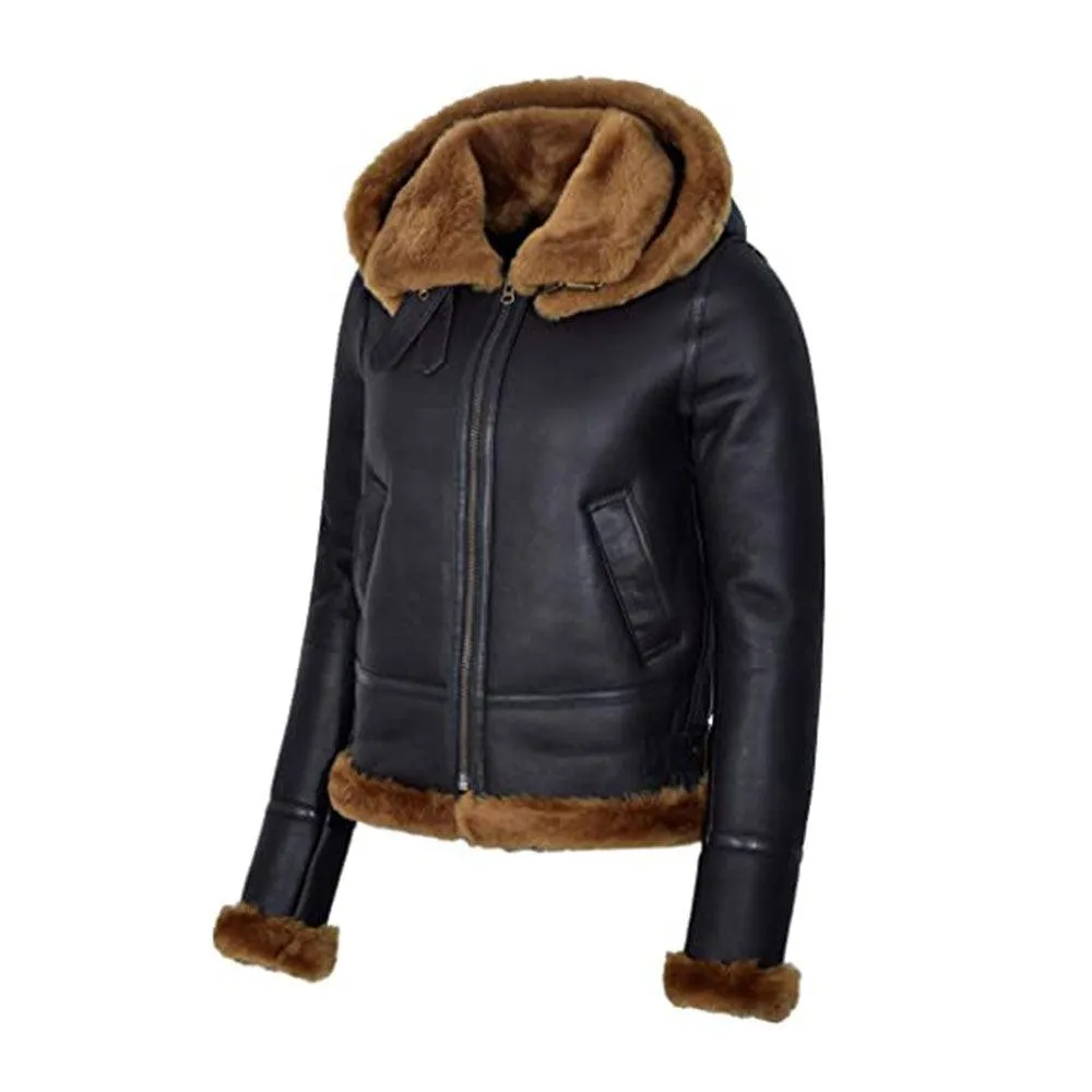 WOMEN'S BLACK HOODED B3 FLYING SHEARILING JACKET