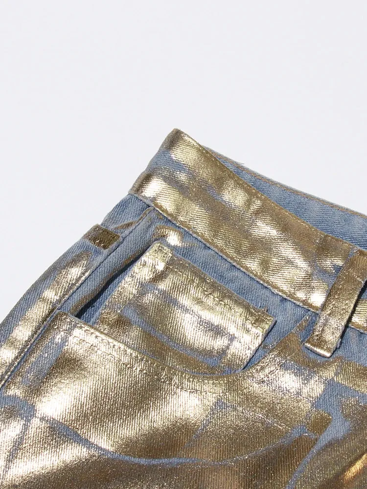 Women's Luxe Gold-Coated Denim Cargo Jeans