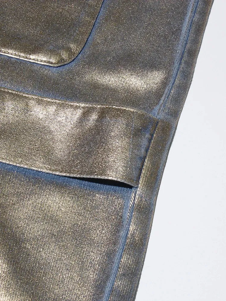 Women's Luxe Gold-Coated Denim Cargo Jeans