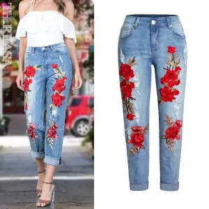 Women's Ripped Jeans With Embroidered Roses