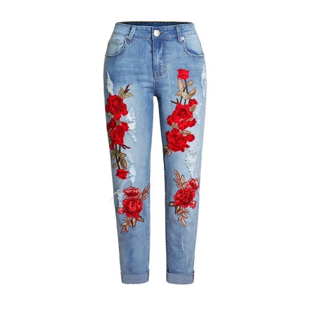 Women's Ripped Jeans With Embroidered Roses