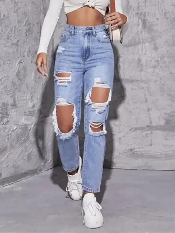 Women’s washed ripped high waist straight trousers