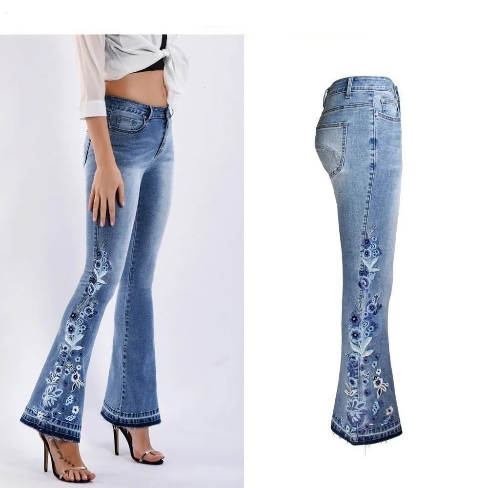 Women's Wide Leg Jeans With Embroidered Flowers