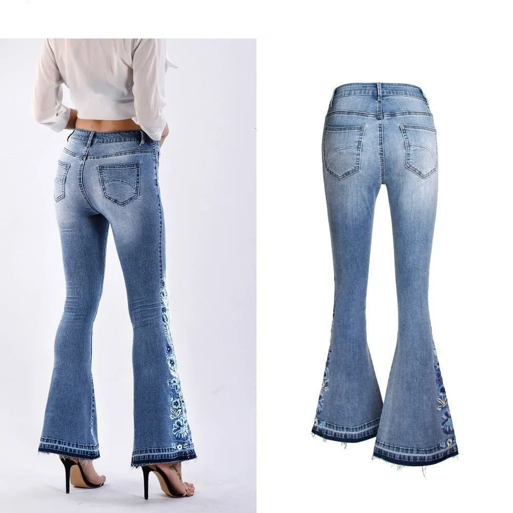 Women's Wide Leg Jeans With Embroidered Flowers