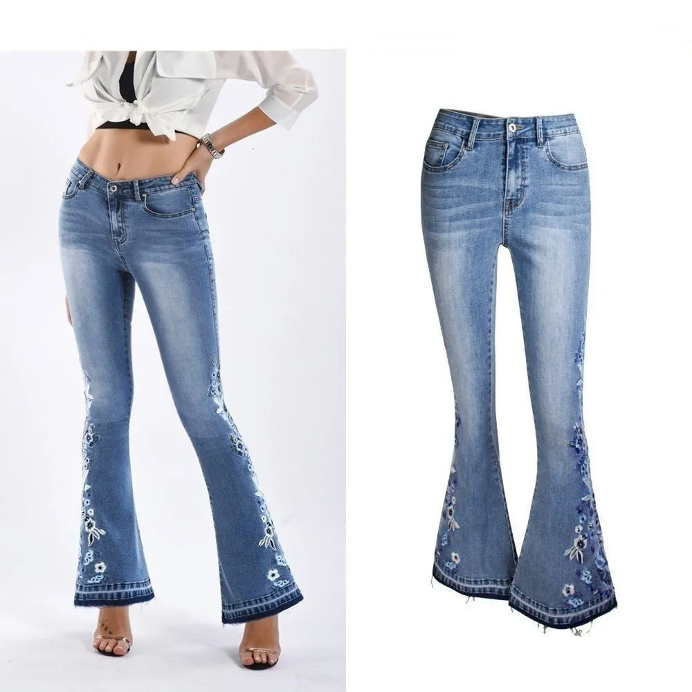 Women's Wide Leg Jeans With Embroidered Flowers