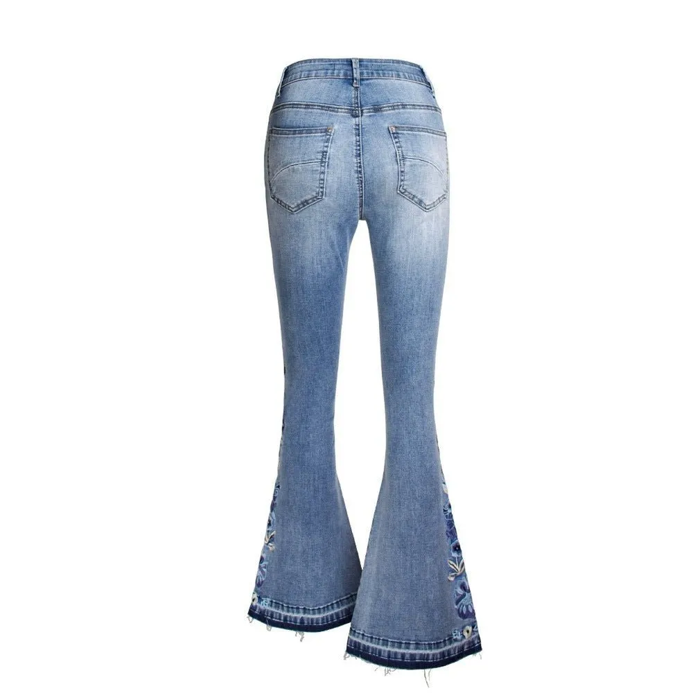 Women's Wide Leg Jeans With Embroidered Flowers