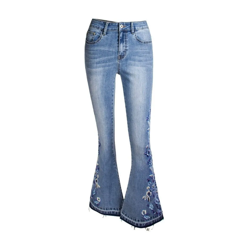 Women's Wide Leg Jeans With Embroidered Flowers