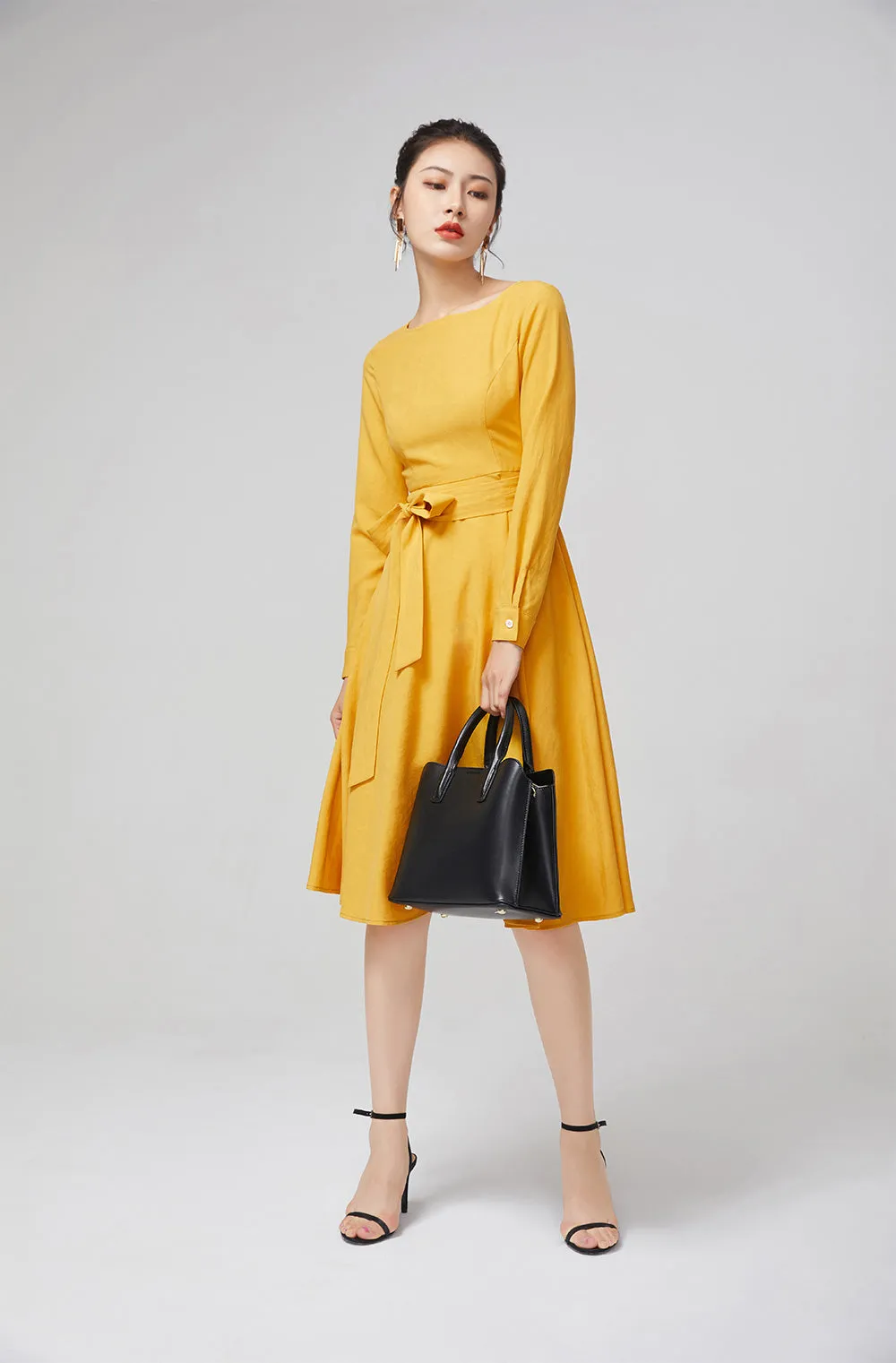 yellow dress cotton dress fitted dress, women dress for party  2218