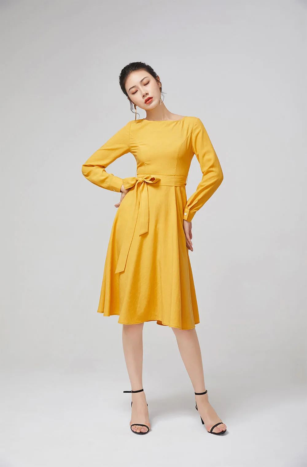 yellow dress cotton dress fitted dress, women dress for party  2218