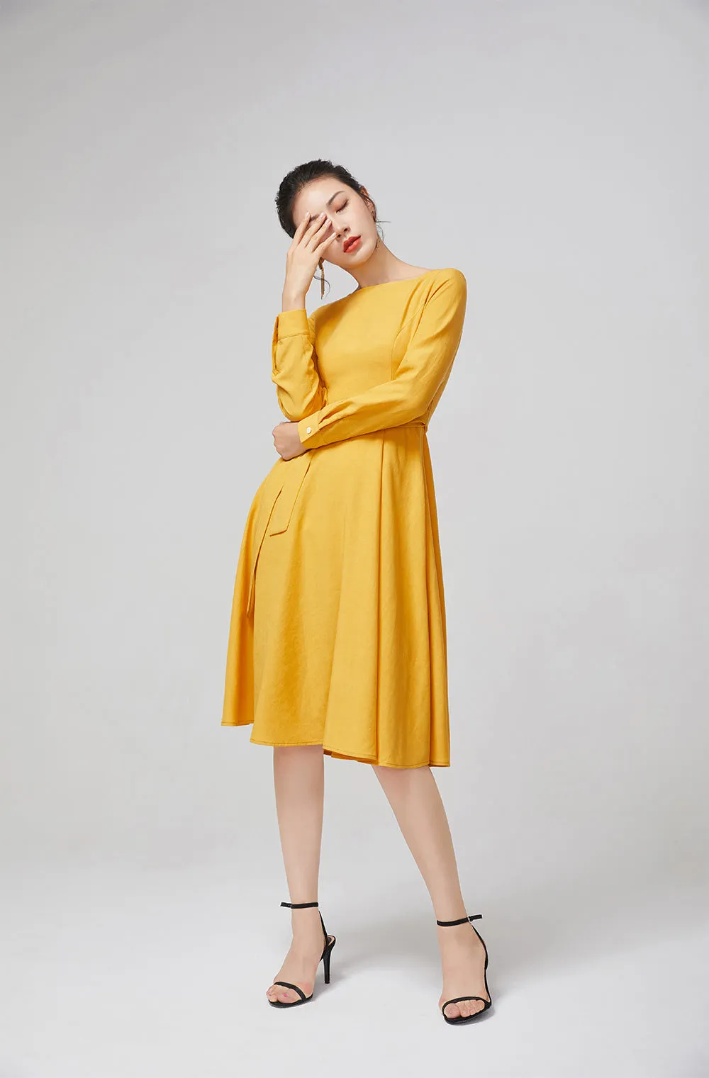 yellow dress cotton dress fitted dress, women dress for party  2218