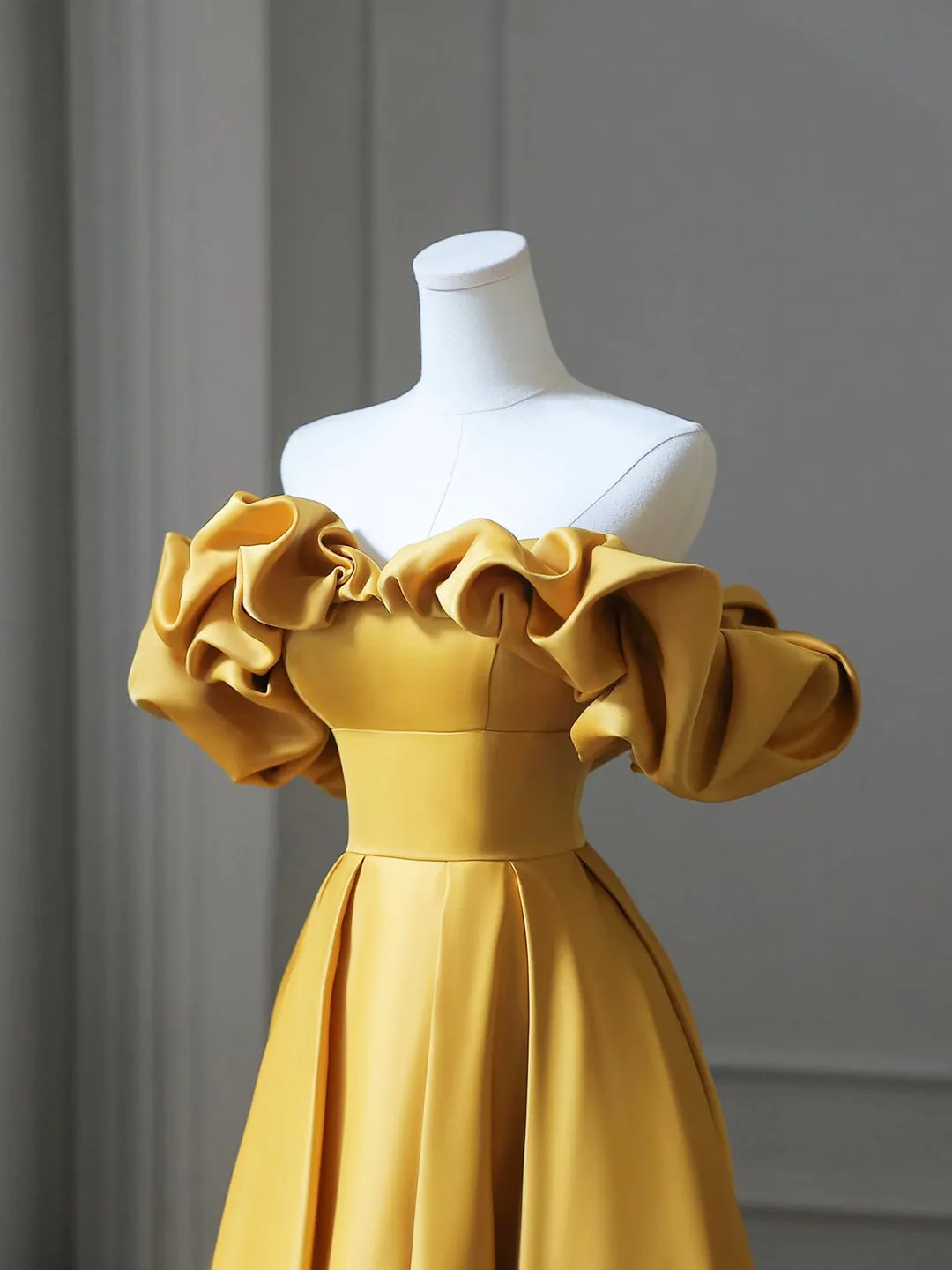 Yellow Satin Long Prom Dress, Off Shoulder Evening Party Dress