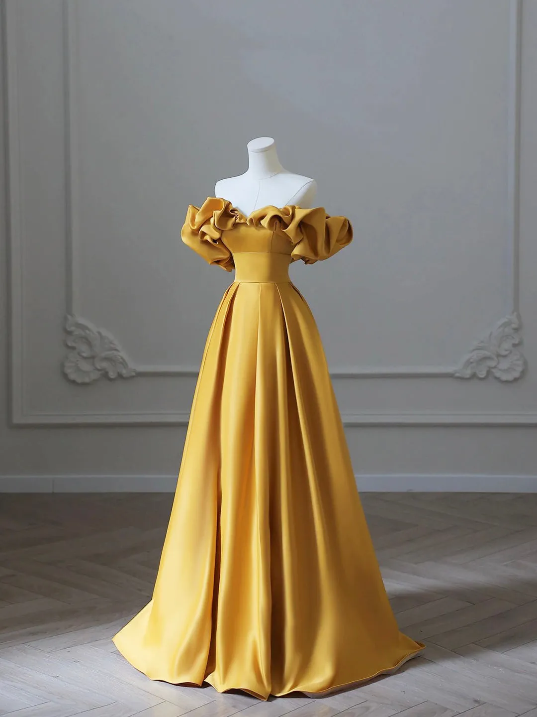 Yellow Satin Long Prom Dress, Off Shoulder Evening Party Dress