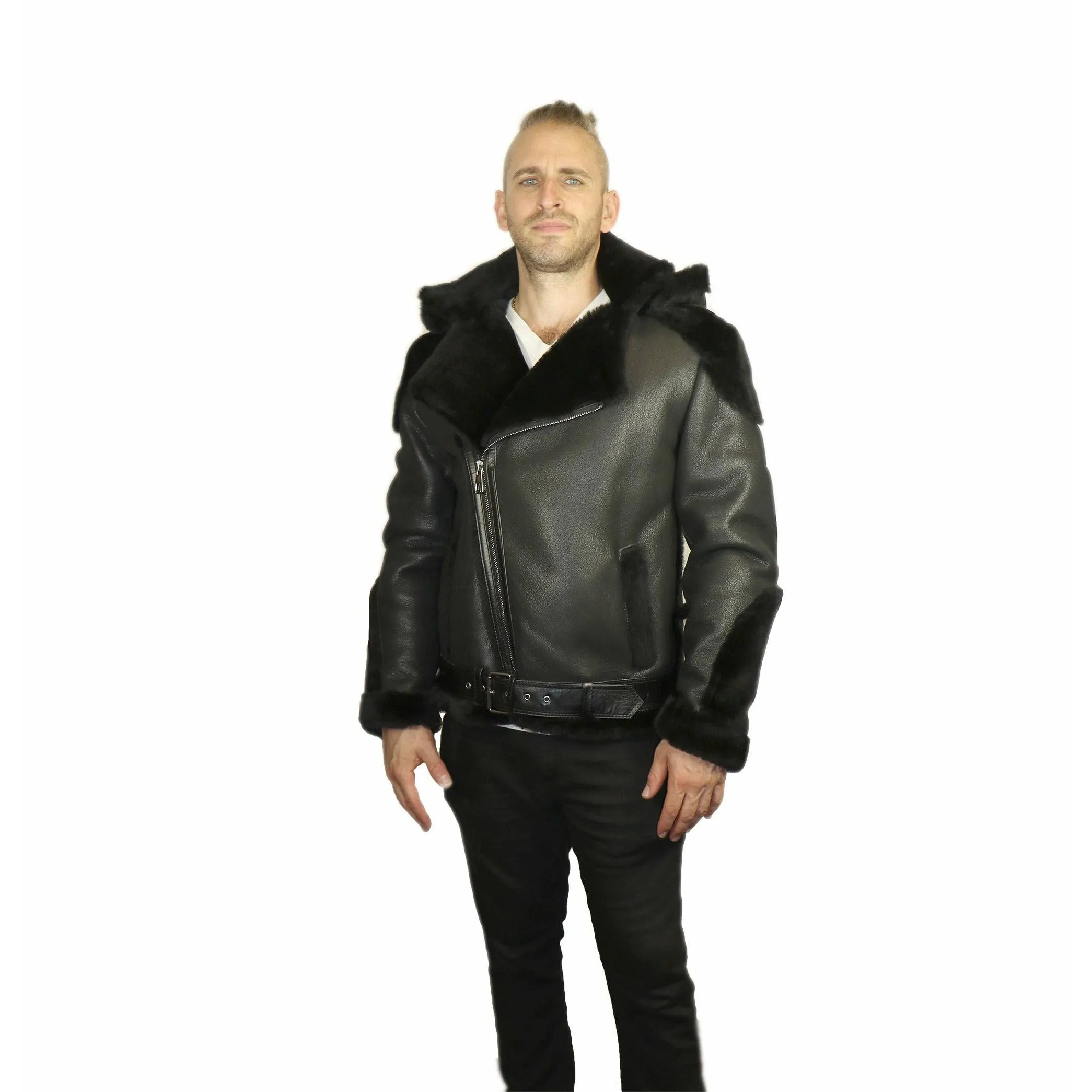 Zooloo Men's Sheepskin Shearling Moto Jacket with Hood